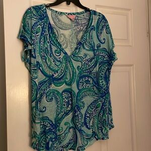Lilly Pulitzer Blue & Green Paisley V-Neck Top